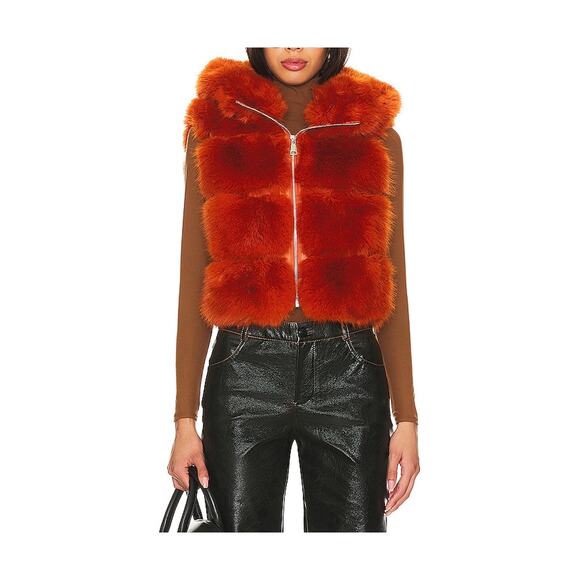 Adrienne Landau Plush Orange Faux Fur Hooded Vest Size S